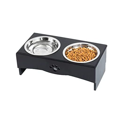 Raised Dog Bowls Stand for Small to Medium Dogs, Bamboo Elevated Dog Food and Water Bowls Feeder Holder (5" Tall, Black)