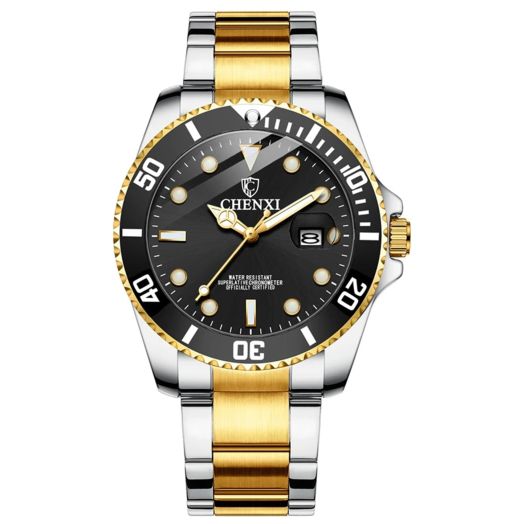 MASTOP Men Watch Silver Gold Stainless Steel Two Tone brand watch Waterproof Analog Quartz Watches with Calendar (Gold black)