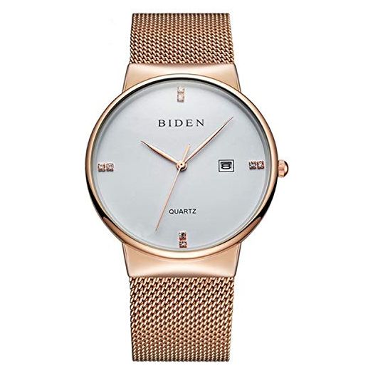 Gosasa Luxury Ultra Thin Mens Bracelet Watch Stainless Steel Mesh Date Sports Quartz Wrist Watch Dress Men Watch (Gold White)