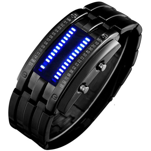 Gosasa Mens Binary Matrix Digital Watch Blue LED Classic Black Plated Bracelet Business Casual Waterproof Stainless Steel Watches (Black)