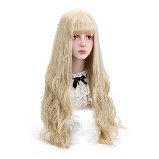 Long Blonde Synthetic Wig with Bangs, Natural Long Wavy Cosplay Wigs for Women