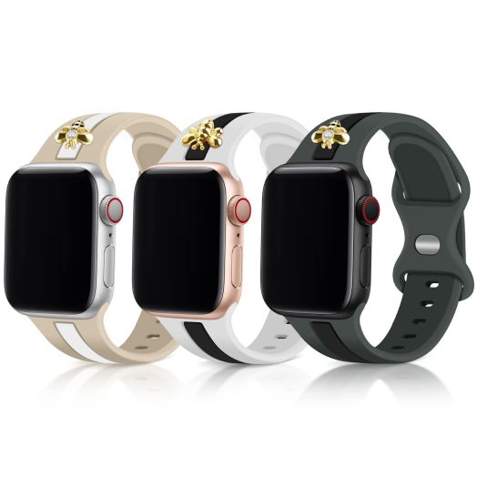3 Pack Designer Sport Band Compatible with Apple Watch Band 38mm 40mm 41mm Women Girl, Soft Silicone Sport Strap with Bee Decoration Compatible with iWatch Series 9 8 7 6 5 4 3 2 1 SE, WBG 38mm