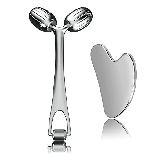Face Massager, Metal Face Roller Gua Sha Massage Tool for Face Neck Eye Body Skin Care, Facial Roller for Women