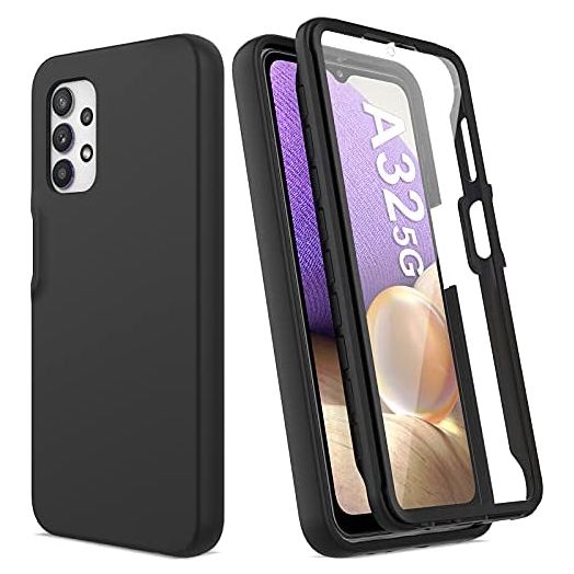 for Samsung Galaxy A32 5G Case with Built-in Screen Protector, Full Body Protection Shockproof Cover Case, [Rugged PC Front Bumper + Soft TPU Back Cover] Armor Protective Phone Case (Black)