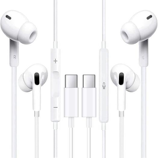 USB C Headphones Pack of 2, Type C Wired Earbuds, in-Ear Headphones with Microphone Noise Canceling Stereo, Earphones Compatible with iPhone 15/Samsung S23/Android/iPad Pro and Most USB C Devices