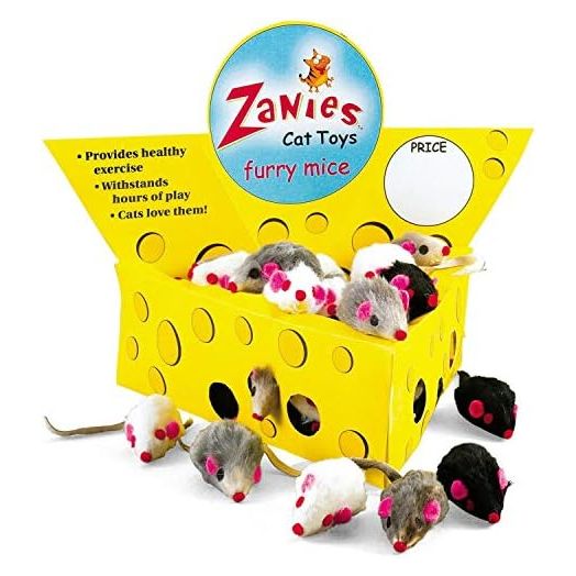 Pet Edge Zanies Cheese Wedge Display Box with 60 Furry Mice Toys for Cats – Mouse Measures 3” in Length Including Tail