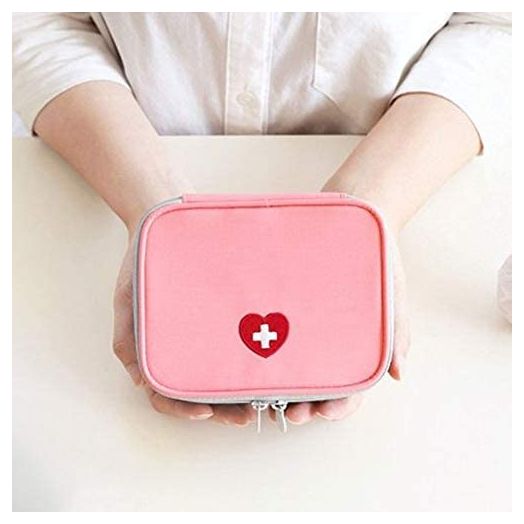 Portable Mini First Aid Pouch, Empty Travel Medicine Bag Double Zippers Handy Pills Pocket for Travel School Home, Small Size (Pink)