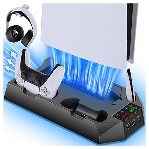 PS5 Stand with Cooling Station and Dual Controller Charging Station for PS5 Digital Edition, PS5 Disc Version,CYKOARMOR PS5 Cooling Fan with Headset Holder and 3 Adjustable Fan Speeds Black