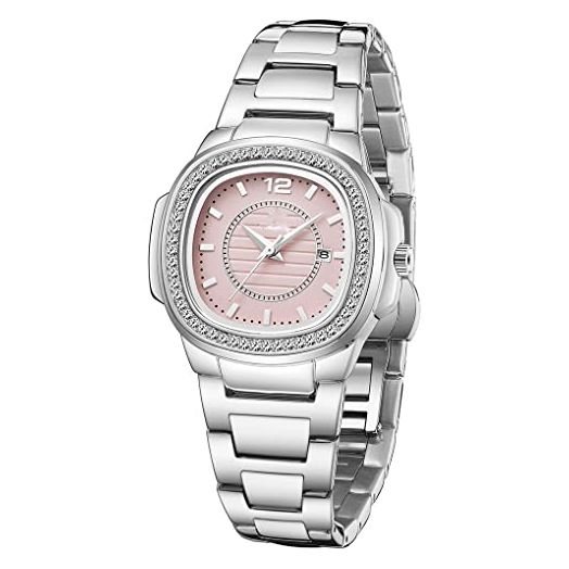 Women's Watches Fashion Square Dial Stainless Steel Waterproof Date Diamond Ladies Dress Wristwatches (Pink)