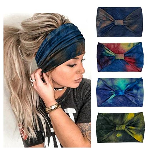 Wide Headbands For Women Knotted Headband African Womens Head Wraps Stretchy Hair Accessories Bands Tie Dye (4 Pack)