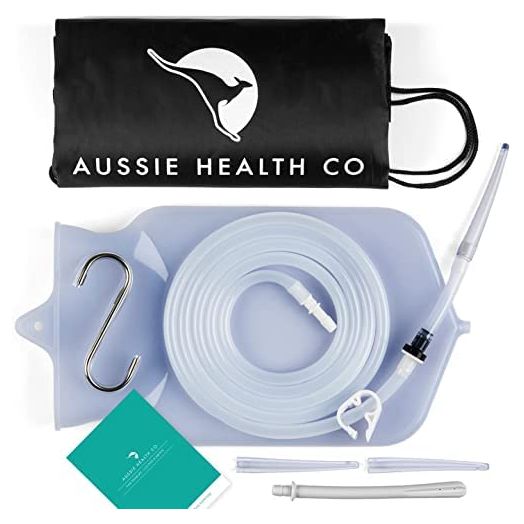 Aussie Health Co Non-Toxic Silicone Enema Bag Kit - 2 Quart Capacity for Water & Coffee Colon Cleansing - BPA & Phthalates Free - 6.5 Foot Hose, 3 Tips, Strong Clamp, Bonus Nozzle & Instruction Guide