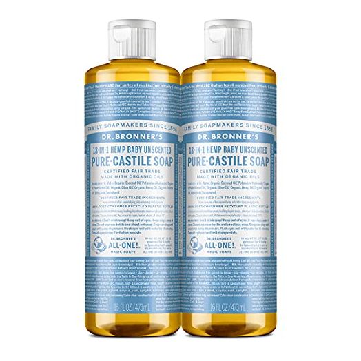Dr. Bronner’s - Pure-Castile Liquid Soap (Baby Unscented, 16 ounce, 2-Pack) - Made with Organic Oils, 18-in-1 Uses: Face, Hair, Laundry and Dishes, For Sensitive Skin and Babies, No Added Fragrance