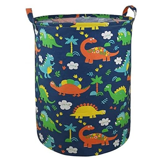 ACMUUNI Round Canvas Clothes Basket Laundry Hamper dark blue dinosaur