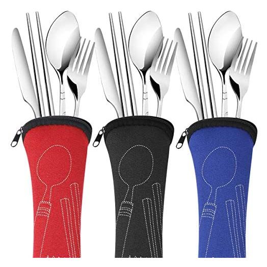 Arroyner Reusable Flatware, Knife Fork Spoon Chopsticks, 12Pcs Travel Tableware with Case (3 Pack)