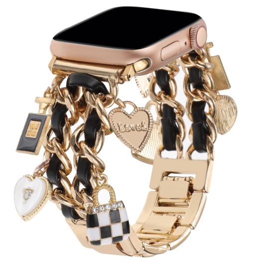 REALSIGN Stylish Metal Wristband Compatible with Apple Watch Bands 38mm 40mm 41mm 42mm 44mm 45mm 49mm,Replacement Strap with Unique Pendants for iWatch Series 9 8 7 6 5 4 3 2 1 SE Chain Charms for Women (38/40/41MM, Gold+Black Leather)
