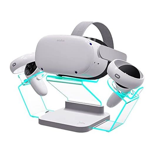 HiBloks VR Stand with LED Light for Oculus Quest 2, Display Holder with Charger for Headest Display & Controller Mount Station for Ques 2/Quest/Rift-s/HTC Vive/Cosmos/Dream 3 /Vavle lndex
