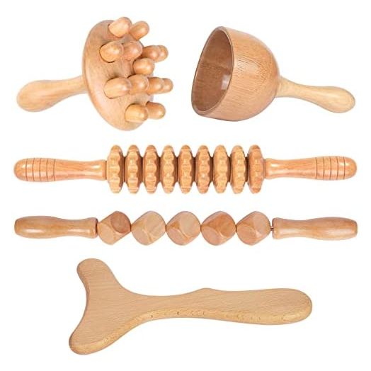Professional Wood Therapy Massage Tools 5-in-1 Maderoterapia Kit Wooden Massager Lymphatic Drainage Massager Body Sculpting Tools for Muscle Pain Relief, Anti-Cellulite, Body Contouring and Shaping