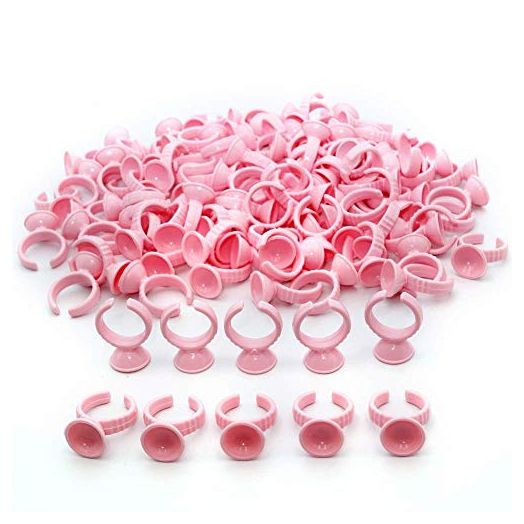 100PCS Pink Disposable Plastic Nail Art Tattoo Glue Rings Holder Eyelash Extension Rings Adhesive Pigment Holders Finger Hand Beauty Tools (Pink)