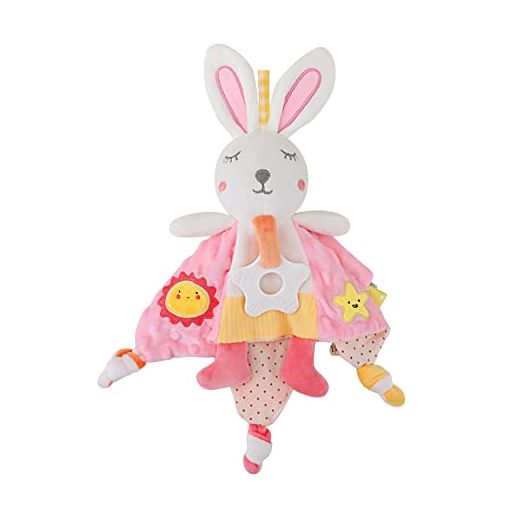 Zooawa Loveys for Babies, Security Blanket Soft Stuffed Animal Bunny Lovey Unisex Lovie Baby Stuff Snuggle Blanket with Tags Teether Bells, Triangle Soothing Plush Toys Baby Gift for Newborn, Rabbit