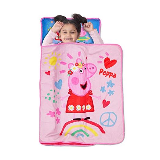 Peppa Pig I'm Just So Happy Toddler Nap Mat - Includes Pillow and Fleece Blanket – Great for Boys and Girls Napping at Daycare, Preschool, Or Kindergarten - Fits Sleeping Toddlers and Young Children