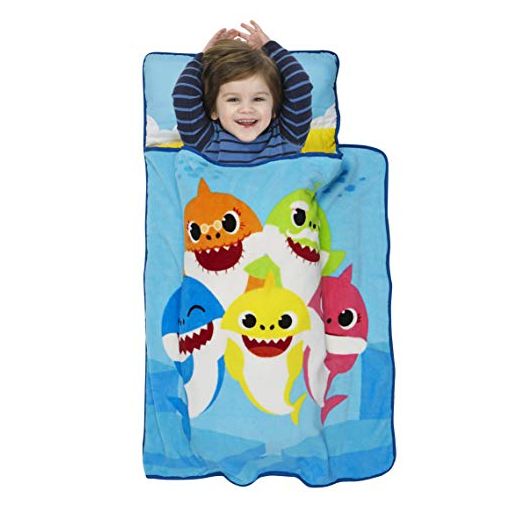 Baby Shark Toddler Nap Mat - Includes Pillow and Fleece Blanket – Great for Boys and Girls Napping at Daycare, Preschool, Or Kindergarten - Fits Sleeping Toddlers and Young Children
