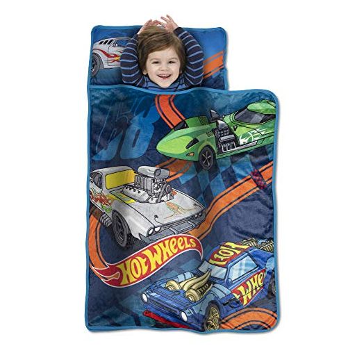 Hot Wheels Race Car Toddler Nap Mat - Includes Pillow & Fleece Blanket – Great for Boys and Girls Napping at Daycare, Preschool, Or Kindergarten - Fits Sleeping Toddlers and Young Children