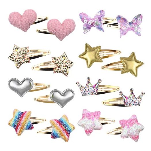 Gingbiss 8 Pairs/ Hair Clips for Girls, Star/Crown/Heart/Butterfly Shaped Kids Hair Barrettes (16 Pack)