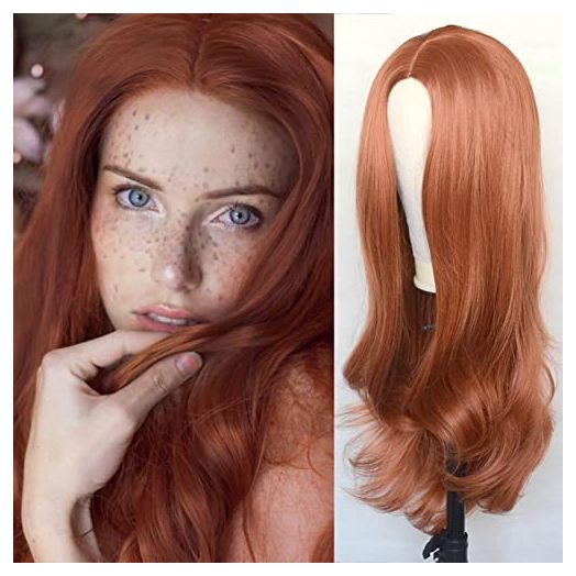 Luwigs Copper Red #350 Natural Wavy Synthetic Wig for Women No Lace Reddish Brown Heat Resistant Replacement Wigs 22Inch Middle Parting