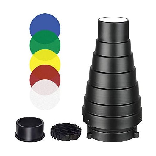 SUPON Aluminium Alloy Conical Studio Snoot Kit with Honeycomb Grid and 5pcs Color Filters for Bowens Mount Strobe Moonlights Flash Speedlight Photography Light