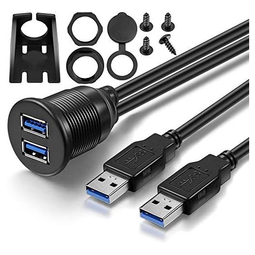 2 Ports Dual USB 3.0 Male to USB 3.0 Female AUX Flush Mount Car Mount Extension Cable for Car Truck Boat Motorcycle Dashboard Panel -(3 Feet)