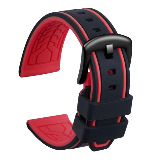 ULLCHRO Silicone Watch Strap Replacement Rubber Watch Band Waterproof Bicolor Men Women - 20, 22, 24, 26mm Watch Bracelet with Brushed Stainless Steel Buckle Black (26mm, black & red)