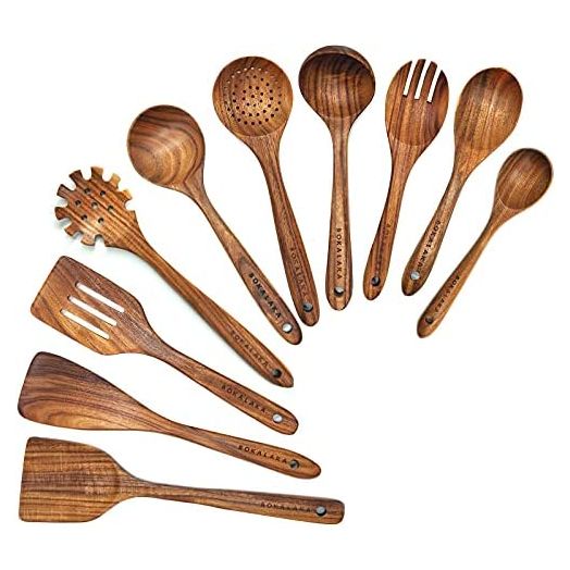 Wooden Spoons for Cooking, 10 Pcs Natural Teak Wooden Kitchen Utensils Set Wooden Utensils for Cooking Wooden