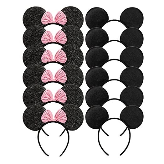 CHuangQi Mouse Ears Solid Black and Pink Sequins Bow, Set of 12