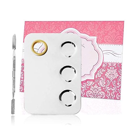 KissDate Makeup Palette 6x4inch Stainless Steel 3-well Nail-art Cosmetic Artist Mixing Palette with Spatula Tool for Mixing Foundation Silver