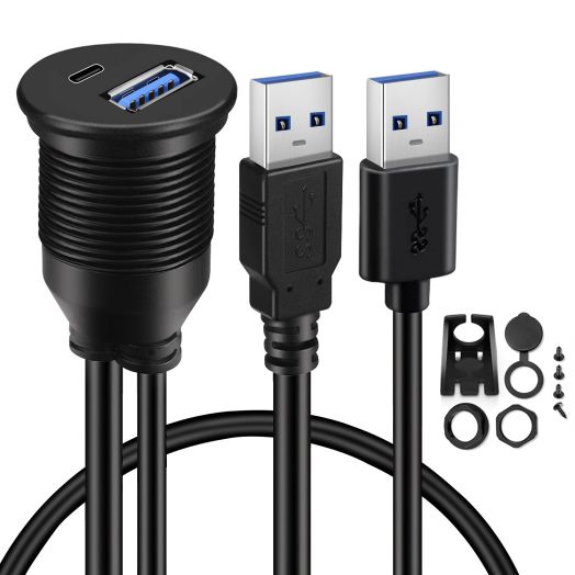 BATIGE USB 3.0 to Type C 3.0 Car Mount Flush Cable Dual Port Male to Female Extension Waterproof Cable for Car Truck Boat Motorcycle Dashboard Panel - 3ft