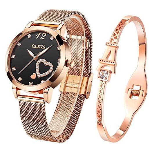 OLEVS Womens Watch Gifts Set with Bracelet Rose Gold for Lady Female Minimalist Simple Slim Thin Casual Dress Analog Quartz Wrist Watches Waterproof Two Tone