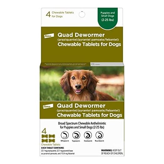 Bayer Chewable Quad Dewormer for Small Dogs, 2-25 lbs, 4 Chewable Tablets, White