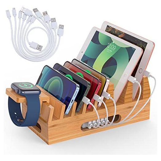 Bamboo Charging Station Organizer for Multiple Devices & Wood Desktop Docking Charging Stand Such As Cell Phone, Tablets, Phone Case and Watch Stand - Pezin & Hulin(No USB Charger)