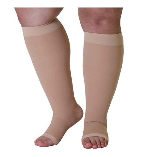 Made in The USA, Plus Size XXL Opaque Compression Socks with Extra Wide Calf, Knee-Hi Firm Support, Open Toe, 20-30mmHg