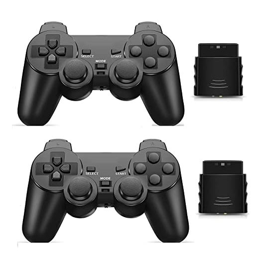 PS-2 Wireless Controller 2.4G Play Station 2 Gamepad 2 Pack Dual Vibration Compatible with Sony Playstation 2 Console (BLACK+BLACK)