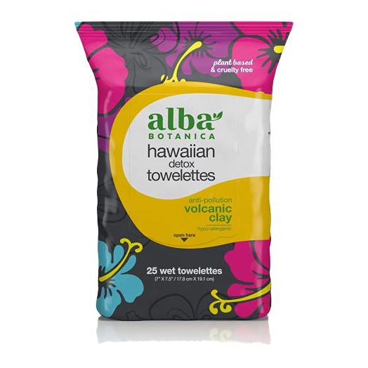 Alba Botanica Hawaiian Detox Towelettes, Anti-Pollution Volcanic Clay, Fragrance Free, 25 Count (Packaging May Vary)