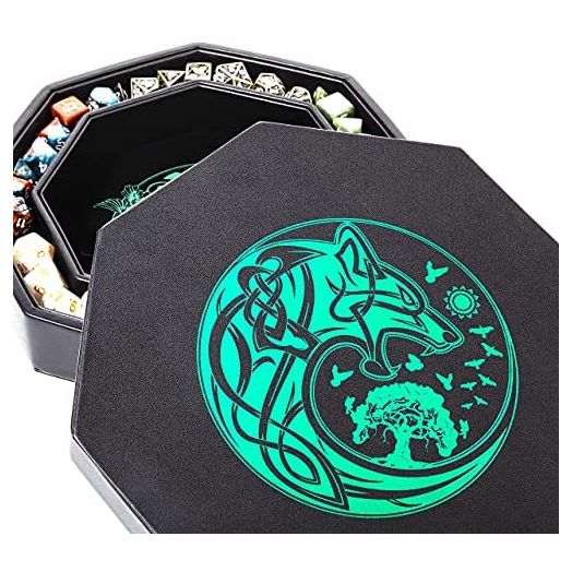 DND Dice Tray, 8 Inch Dice Tray Dungeons and Dragons, Exquisitely Detailed Green World Tree & Wolf Raven Design