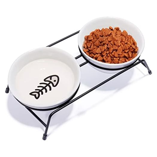 Cat Bowls, Upgraded 13 oz Ceramic Elevated Cat Food Bowls for Food and Water, Raised 2 Cat Dishes with Stainless Steel Stand Non-Slip and Anti-Rust, for Indoor Cats and Small Dog Bowl, Dishwasher Safe