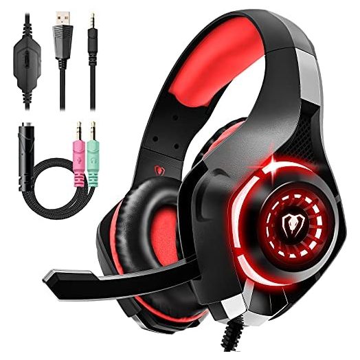 Gaming Headset for PS4 PS5 Xbox One Switch PC with Noise Canceling Mic, Deep Bass Stereo Sound (Black Red)