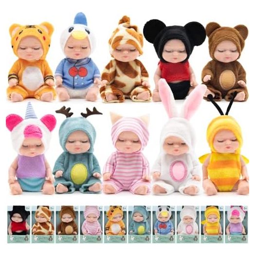 10 Pcs 4 Inch Mini Reborn Baby Dolls Realistic Baby Dolls Washable Tiny Babies with Animal Clothes Cute Baby Alive Doll Gifts Set for Girls Boys and Kids Big Easter Birthday Gift