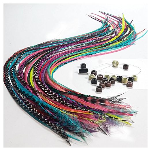 Feather Hair Extensions, 100% Real Rooster Feathers, Long Rainbow Colors, 20 Feathers with 20 Beads and 1 Loop Tool Kit, By Sexy Sparkles