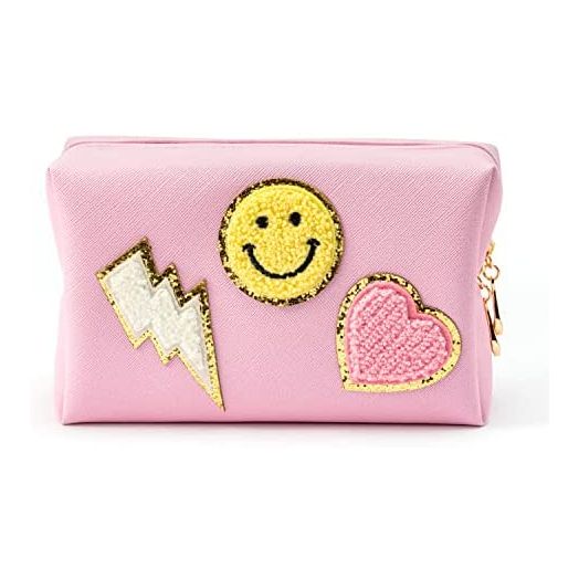 LieToi Preppy Patch Small Toiletry Bag, PU Leather Cosmetic Bag