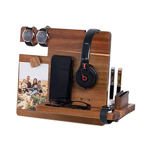 WUTCRFT - Wood Docking Station/Nightstand Organizer with Headphone Stand, Smart Watch Charging Slot, Photo Holder, and Accessory Holder, Perfect for Desk Organizer/Gifts for Men (Dark)