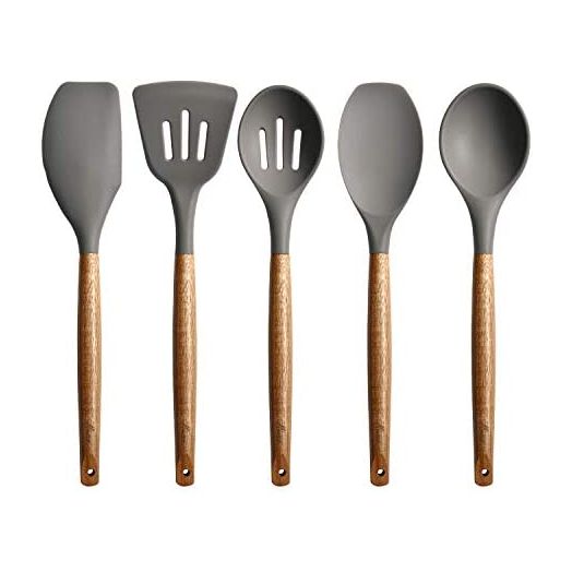 Miusco Non-Stick Silicone Kitchen Utensils Set with Natural Acacia Hard Wood Handle, 5 Pieces, Grey, BPA Free, Baking, Serving and Cooking Utensils