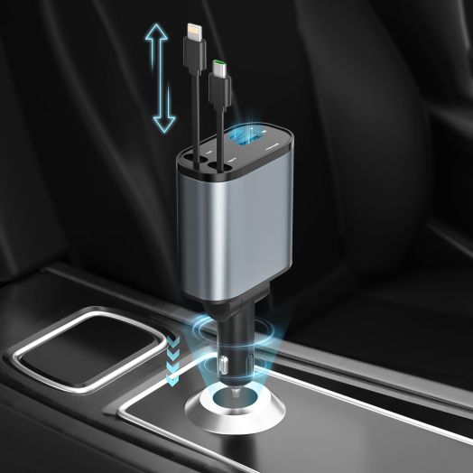 Retractable Car Charger, 4 in1 Fast Car Phone Charger 120W, 2.7Ft Retractable Cables and 4 Electronic Ports, Car Charger Compatible for iOS & Android Cell Phones All Device Charging